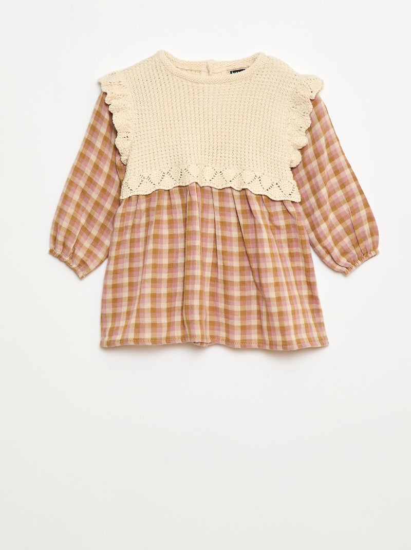 Robe en gaze de coton effet 2 en 1 gilet en crochet Rose - Kiabi