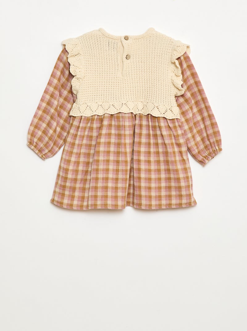 Robe en gaze de coton effet 2 en 1 gilet en crochet Rose - Kiabi