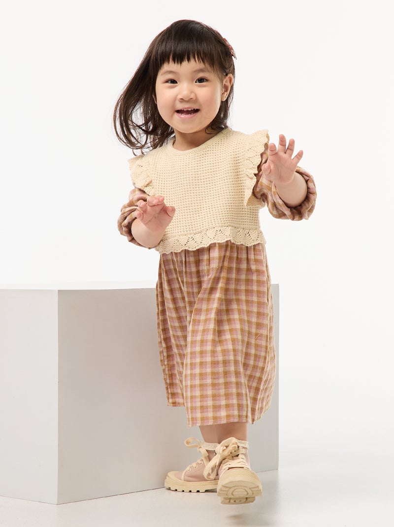 Robe en gaze de coton effet 2 en 1 gilet en crochet Rose - Kiabi