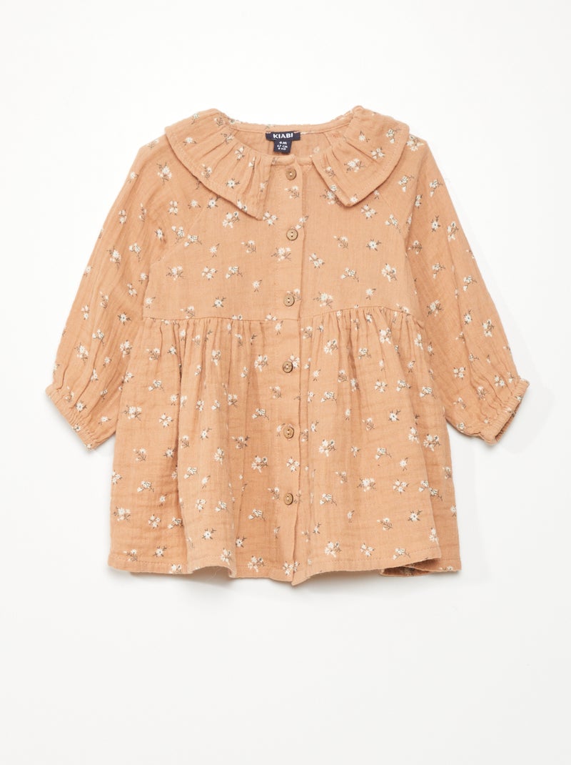 Robe en gaze de coton imprimé fleuri Vieux rose - Kiabi