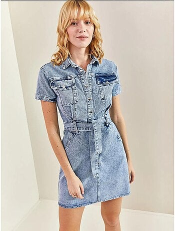 Robe en jean à boutons-pression et ceinture bianco lucci