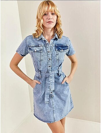 Robe en jean à boutons-pression et ceinture bianco lucci