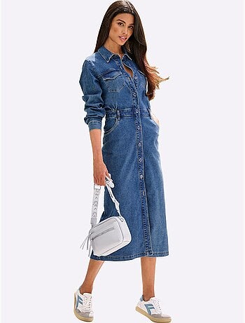 Robe en jean à col chemise manches longues et boutons - Taille standard - Helline