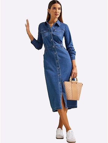 Robe en jean à col chemise manches longues et boutons - Taille standard - Helline