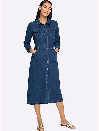 Robe en jean à col chemise manches longues et boutons - Taille standard - Helline