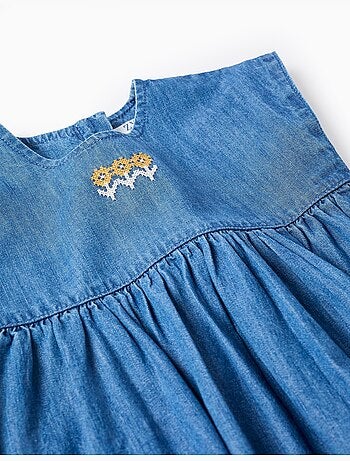 Robe en jean à manches courtes avec fleurs brodées
