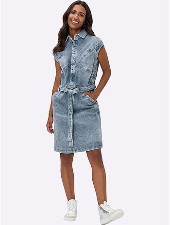 Robe en jean col chemise manches courtes et ceinture - Taille standard - Helline