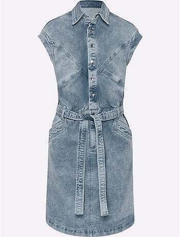 Robe en jean col chemise manches courtes et ceinture - Taille standard - Helline