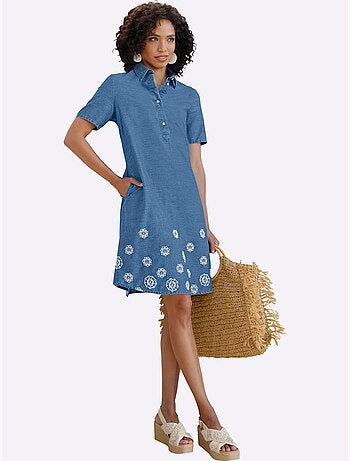 Robe en jean superbe broderie florale - taille standard - helline