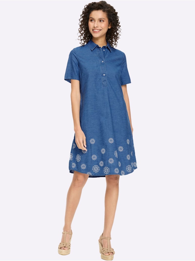 Robe en jean superbe broderie florale - taille standard - helline Bleu Blanc - Kiabi