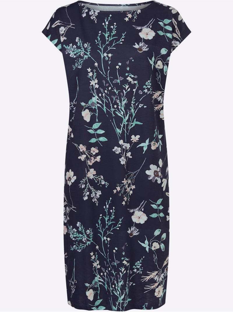 Robe en jersey à motif floral avec encolure bateau et mancherons - Taille standard - Moda Vilona Bleu Rose - Kiabi