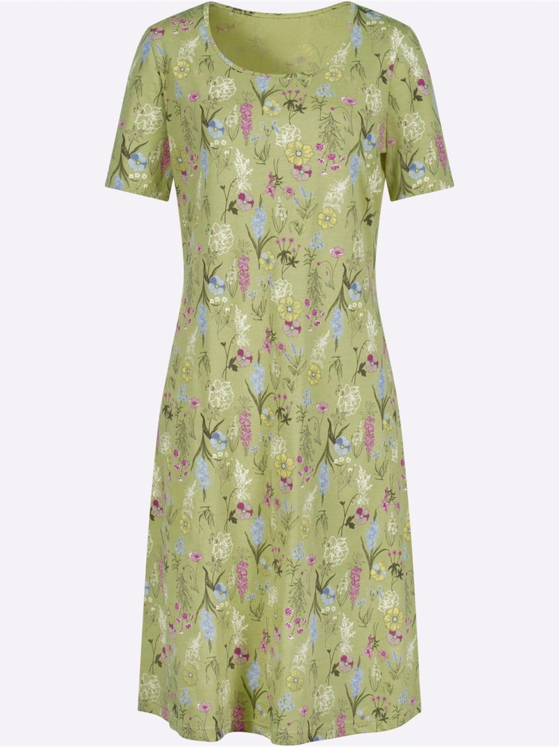 Robe en jersey à motif floral avec encolure ronde et manches courtes - Taille standard - Moda Vilona Vert tilleul - Kiabi