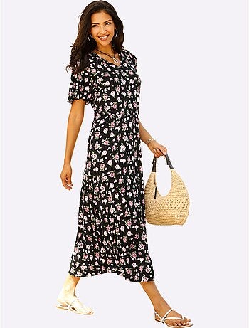 Robe en jersey avec col V et motifs floraux romantiques - Taille standard - Moda Vilona