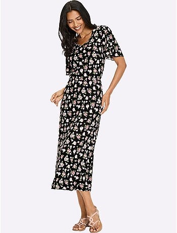 Robe en jersey avec col V et motifs floraux romantiques - Taille standard - Moda Vilona