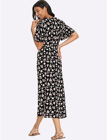 Robe en jersey avec col V et motifs floraux romantiques - Taille standard - Moda Vilona