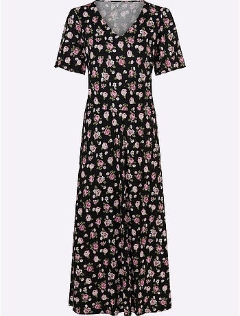 Robe en jersey avec col V et motifs floraux romantiques - Taille standard - Moda Vilona