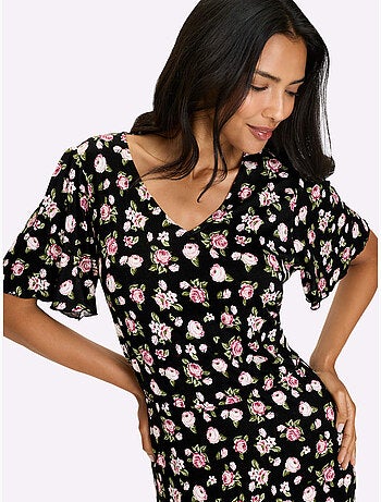 Robe en jersey avec col V et motifs floraux romantiques - Taille standard - Moda Vilona