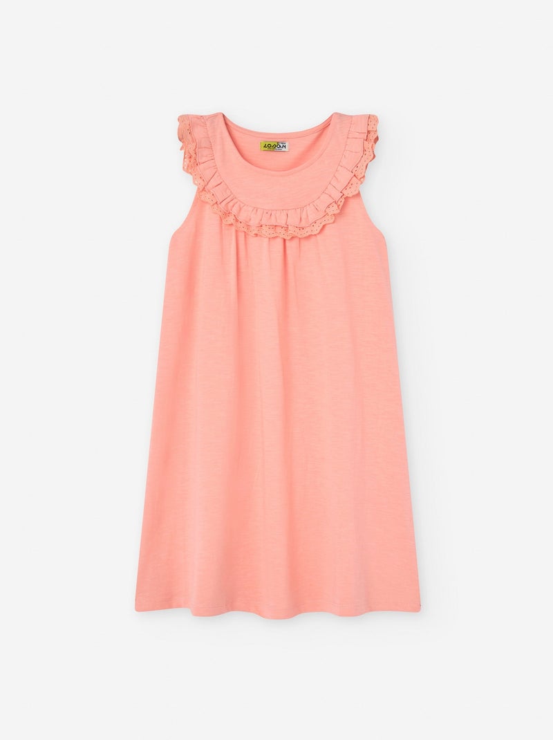 Robe en Jersey avec Volants et Broderie Anglaise Corail/Turquoise/Crème - Kiabi