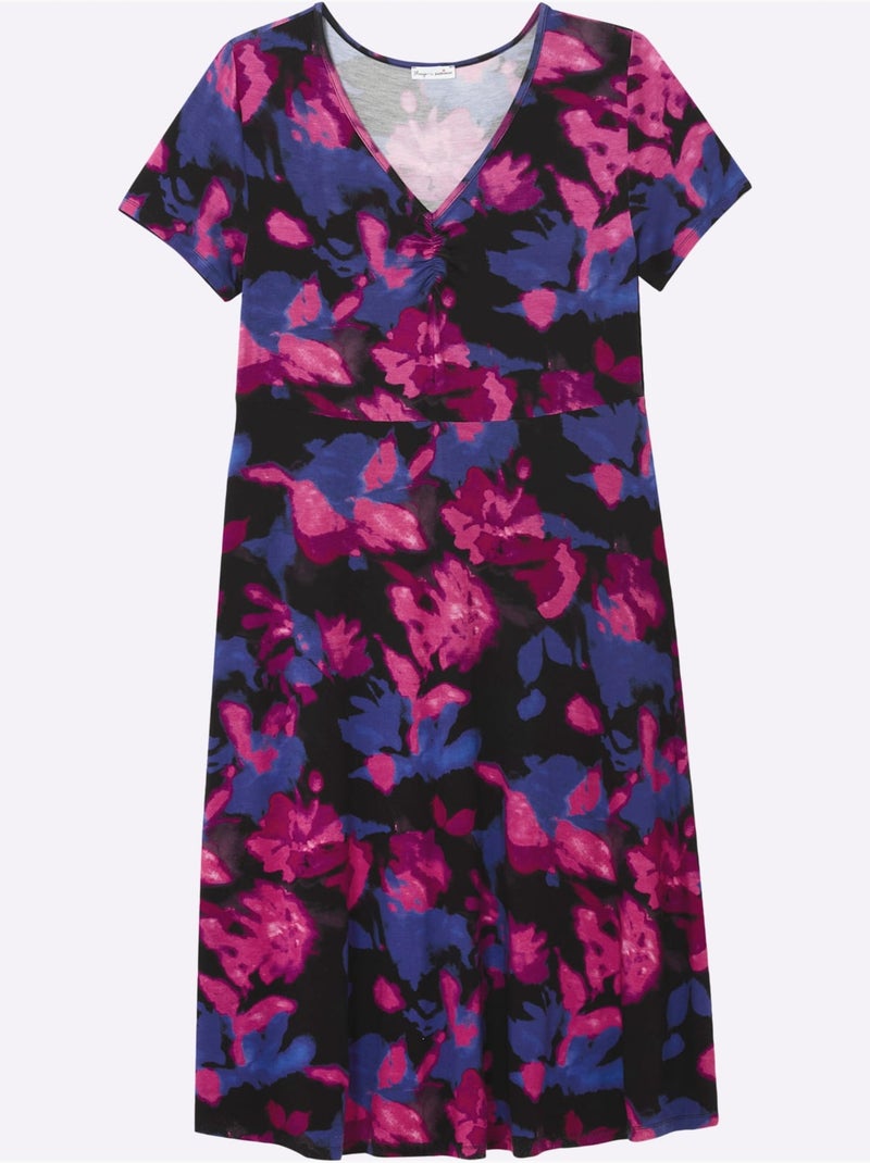 Robe En Jersey Fronce Légère à L'encolure En V - Taille Standard - Sheego Noir Rose - Kiabi