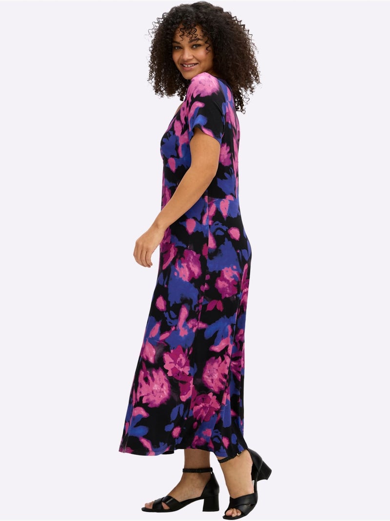 Robe En Jersey Fronce Légère à L'encolure En V - Taille Standard - Sheego Noir Rose - Kiabi
