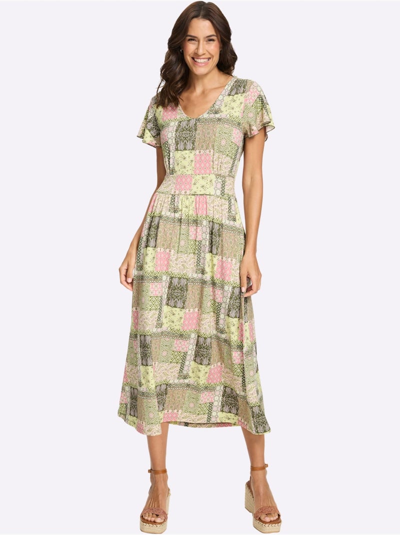 Robe En Jersey Fronces Aux épaules - Taille Standard - Witt Rose/Vert - Kiabi