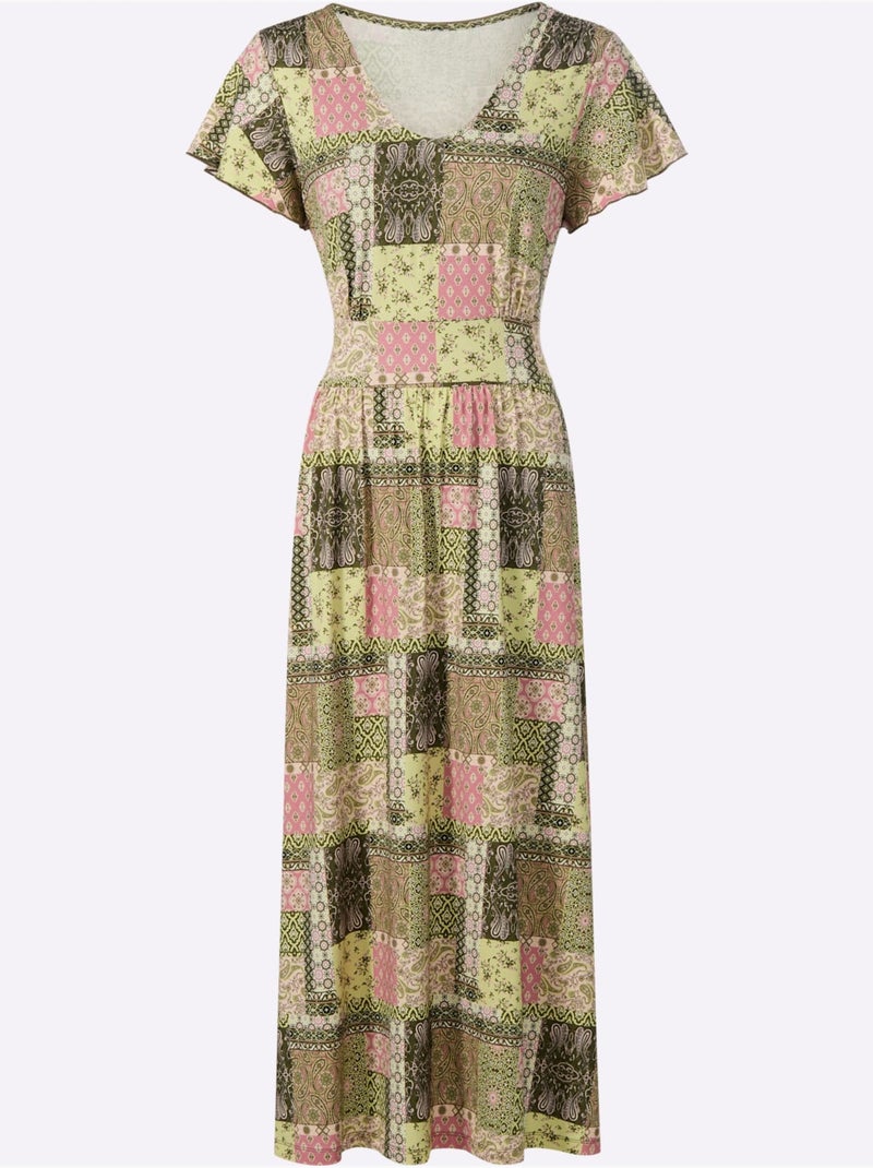 Robe En Jersey Fronces Aux épaules - Taille Standard - Witt Rose/Vert - Kiabi