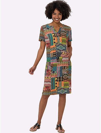 Robe en jersey imprimé géométrique col v ouvert et manches courtes - taille standard - helline