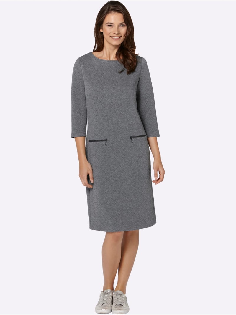 Robe en jersey jacquard à manches trois quarts et col rond - Taille standard - Moda Vilona Gris chiné - Kiabi