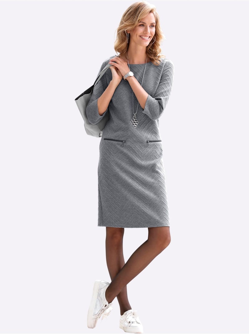 Robe en jersey jacquard à manches trois quarts et col rond - Taille standard - Moda Vilona Gris chiné - Kiabi