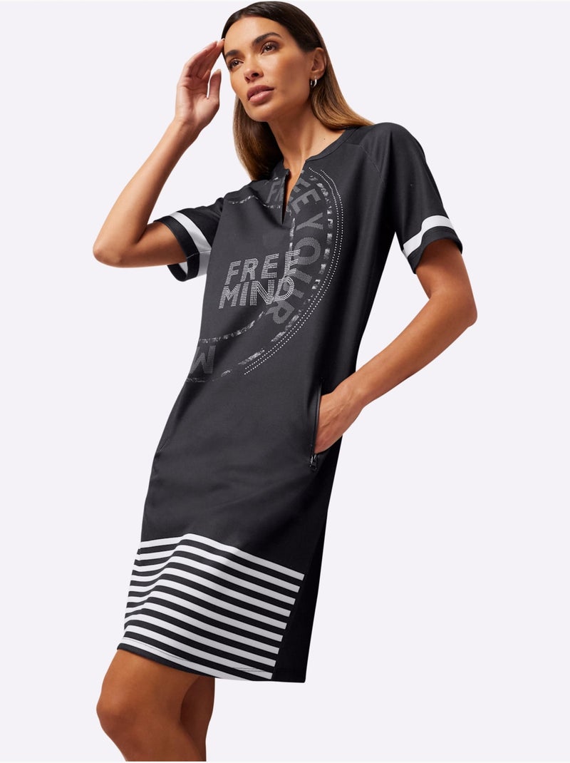 Robe En Jersey Jolies Pierres Brillantes Fantaisie - Taille Standard - helline Noir Blanc - Kiabi