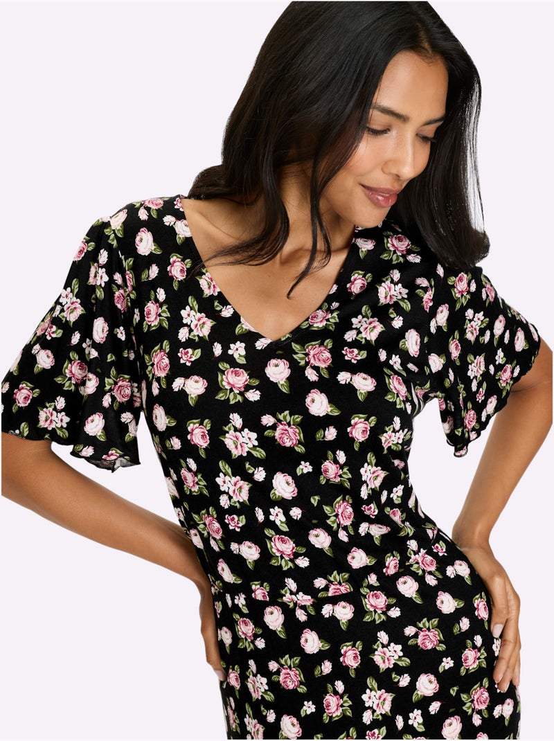 Robe En Jersey Pure Viscose - Taille Standard - Moda Vilona Noir Rose - Kiabi
