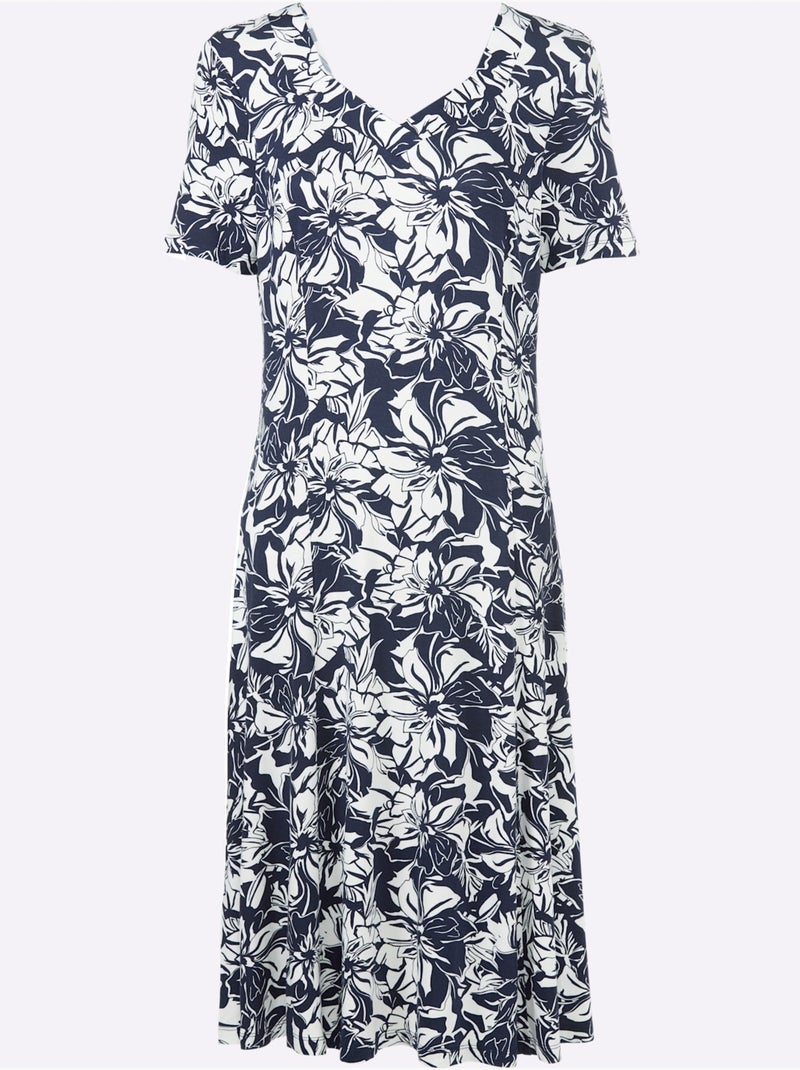 Robe en jersey viscose motif floral manches courtes avec ceinture - taille standard - witt Ecru/Marine - Kiabi