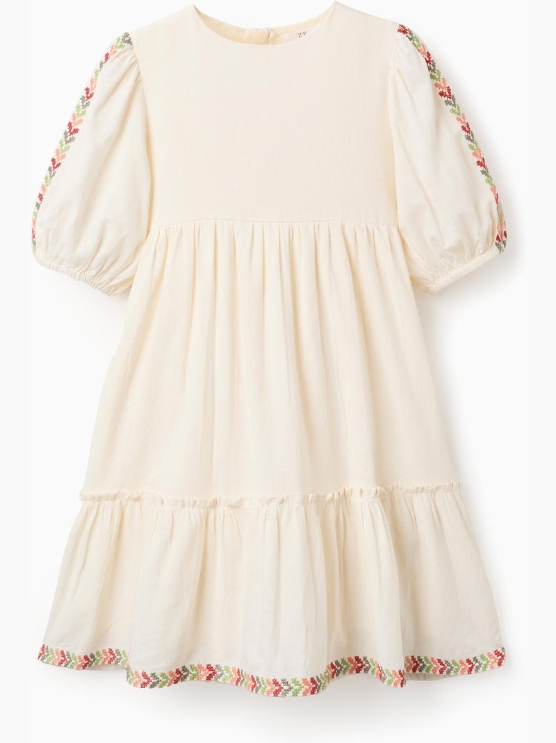Robe en lin à manches ballon et broderie Beige - Kiabi