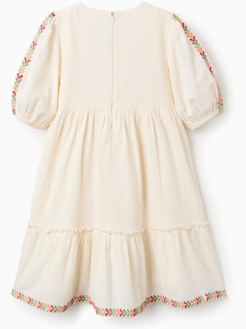 Robe en lin à manches ballon et broderie Beige - Kiabi