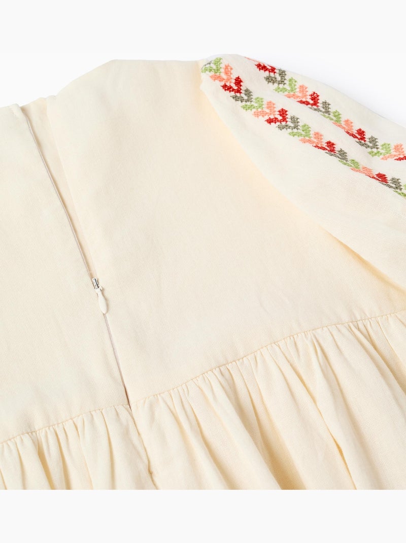 Robe en lin à manches ballon et broderie Beige - Kiabi