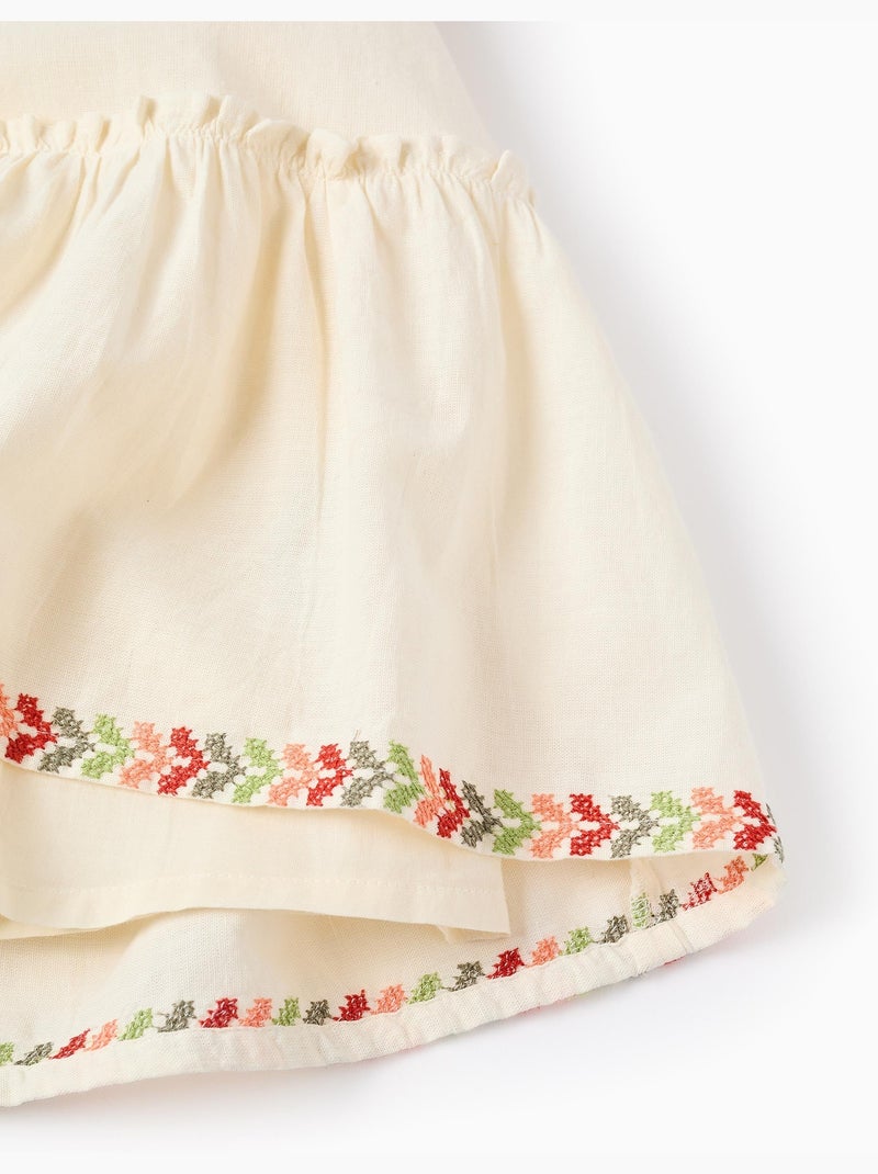 Robe en lin à manches ballon et broderie Beige - Kiabi