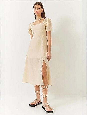 Robe en lin à manches bouffantes, col carré et fente dans le dos de bianco lucci