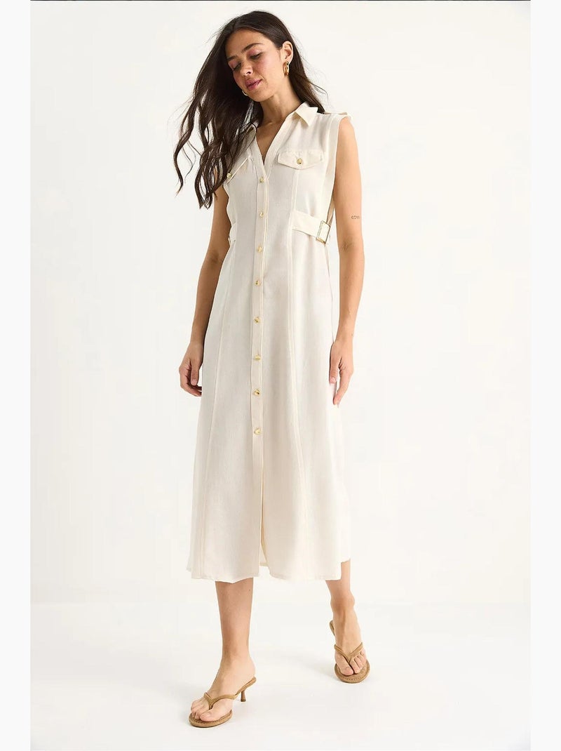 Robe en lin avec boutons dorés et détails à la taille lucci Beige argile - Kiabi