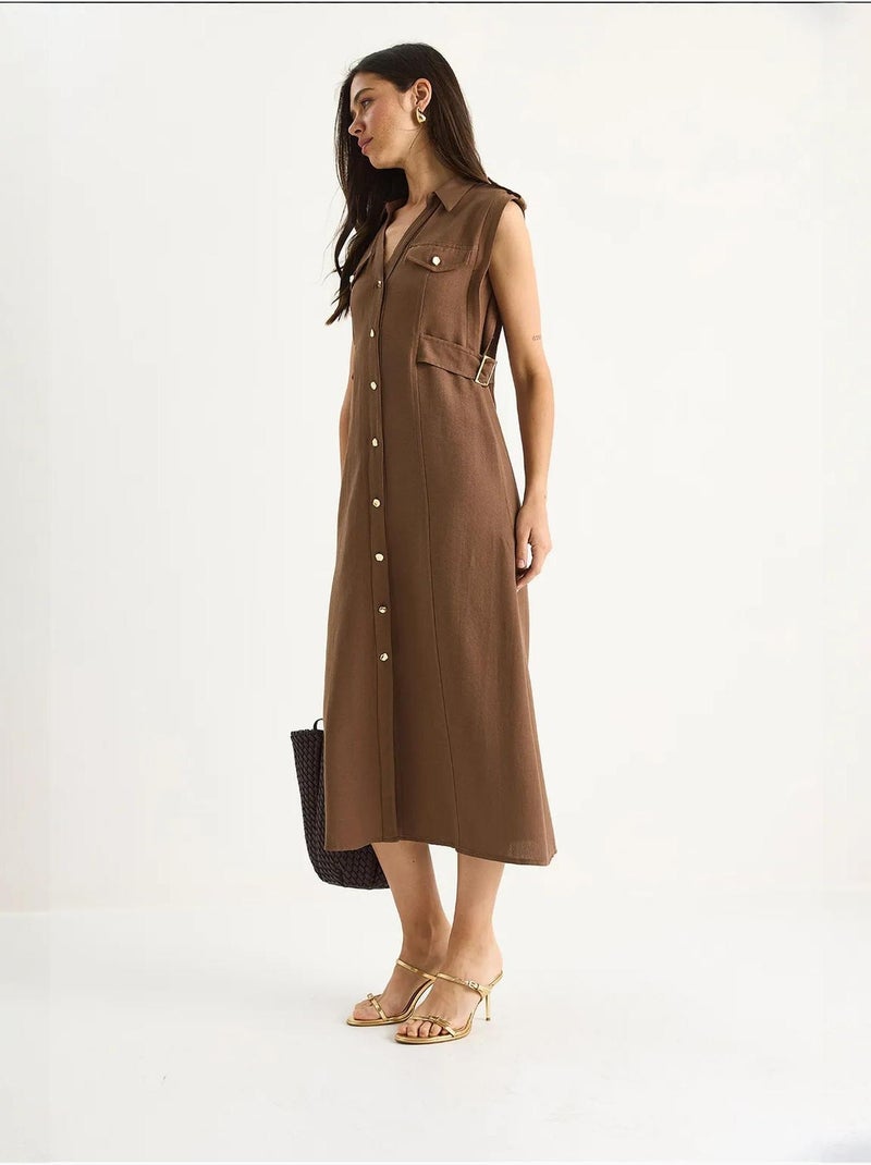 Robe en lin avec boutons dorés et détails à la taille lucci Marron clair - Kiabi