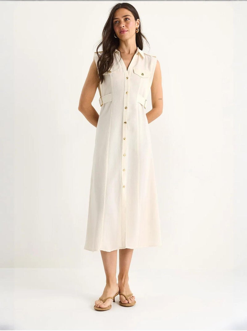 Robe en lin bianco avec boutons dorés et détails à la taille lucci Beige argile - Kiabi