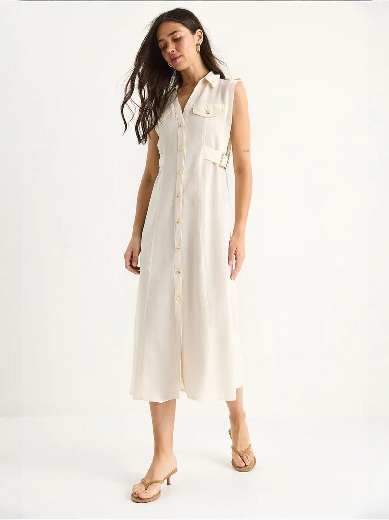 Robe en lin bianco avec boutons dorés et détails à la taille lucci Beige argile - Kiabi