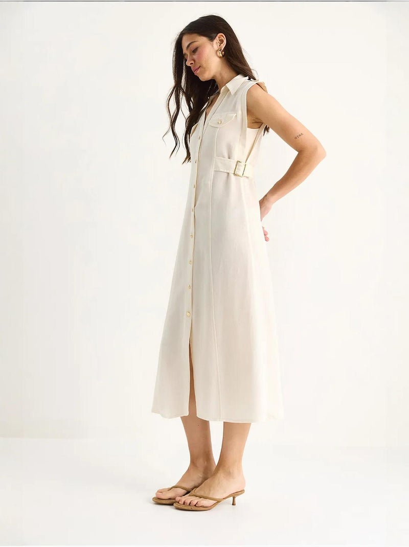 Robe en lin bianco avec boutons dorés et détails à la taille lucci Beige argile - Kiabi