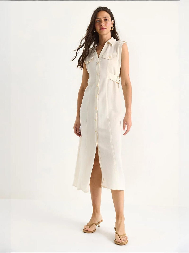 Robe en lin bianco avec boutons dorés et détails à la taille lucci Beige argile - Kiabi