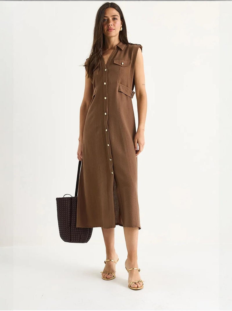 Robe en lin bianco avec boutons dorés et détails à la taille lucci Marron clair - Kiabi