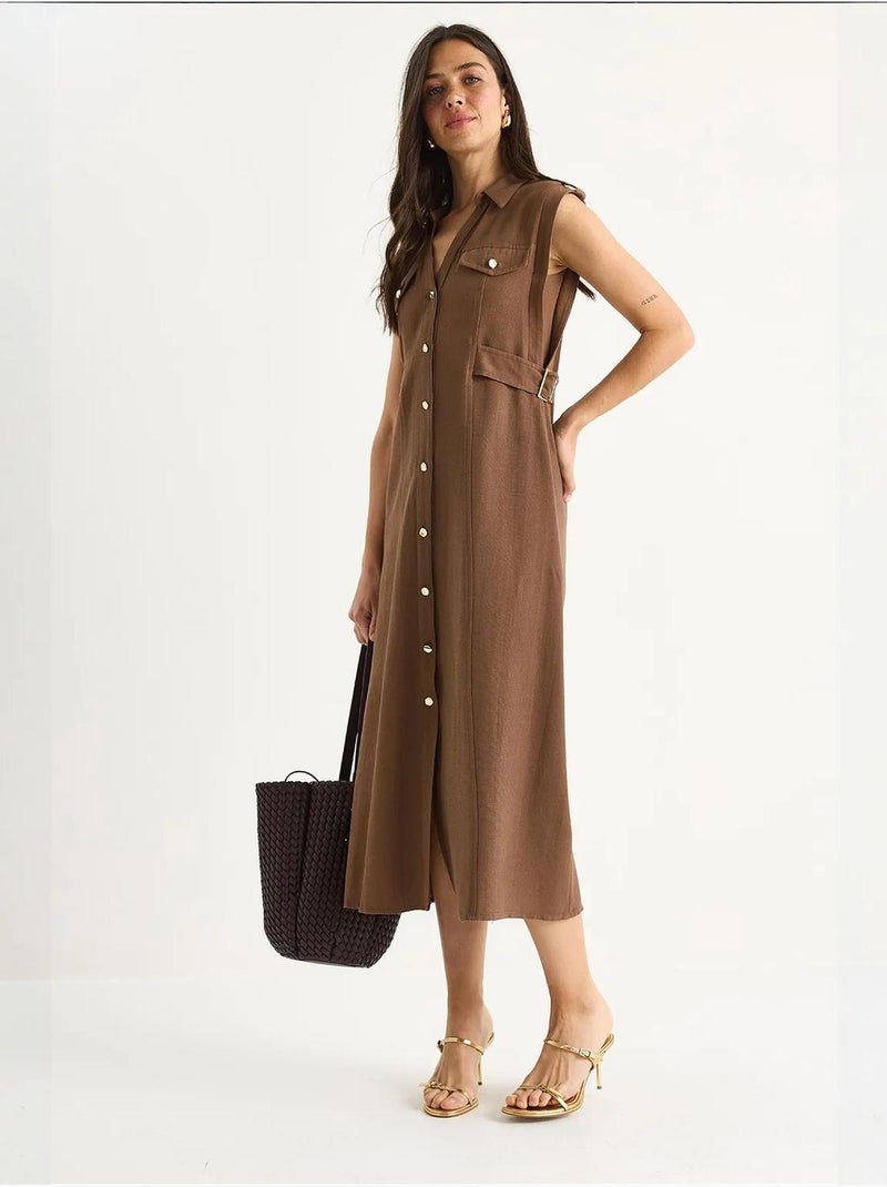 Robe en lin bianco avec boutons dorés et détails à la taille lucci Marron clair - Kiabi