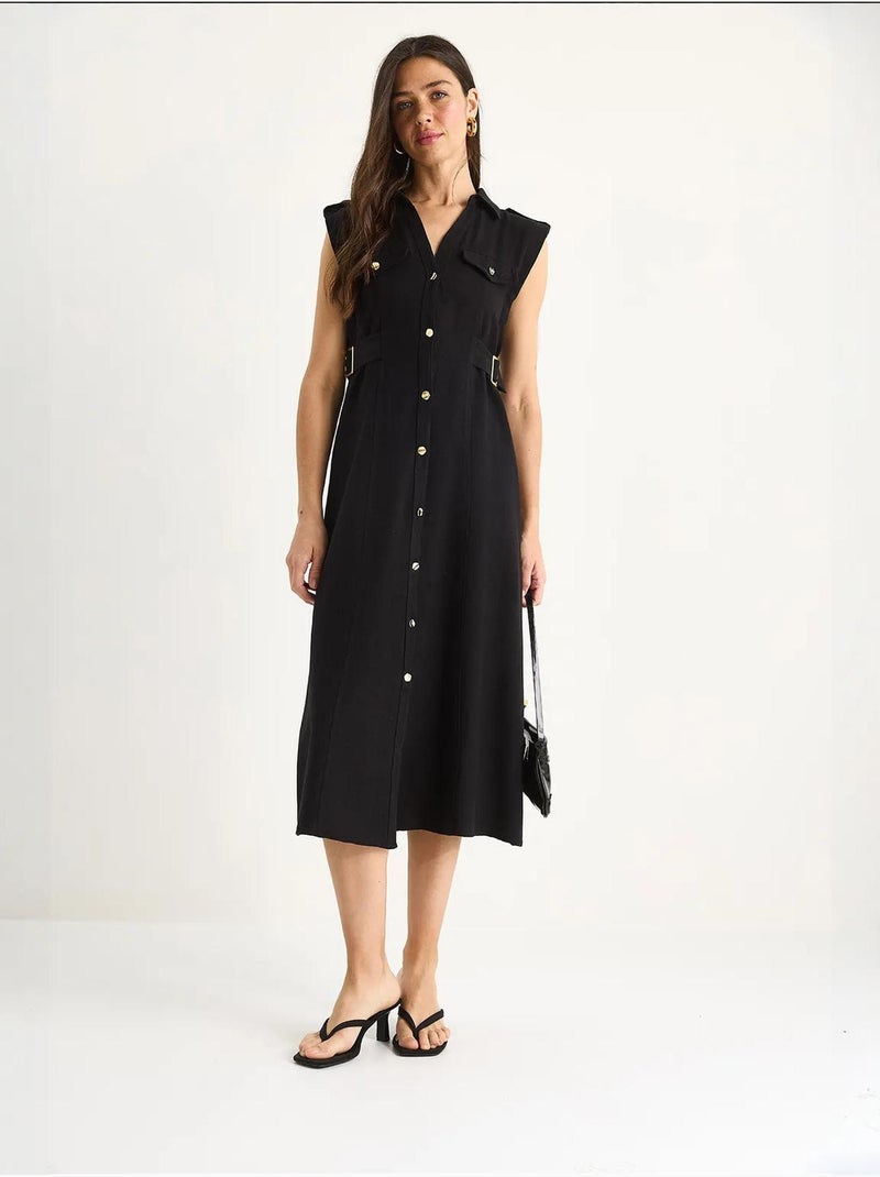 Robe en lin bianco avec boutons dorés et détails à la taille lucci Noir - Kiabi