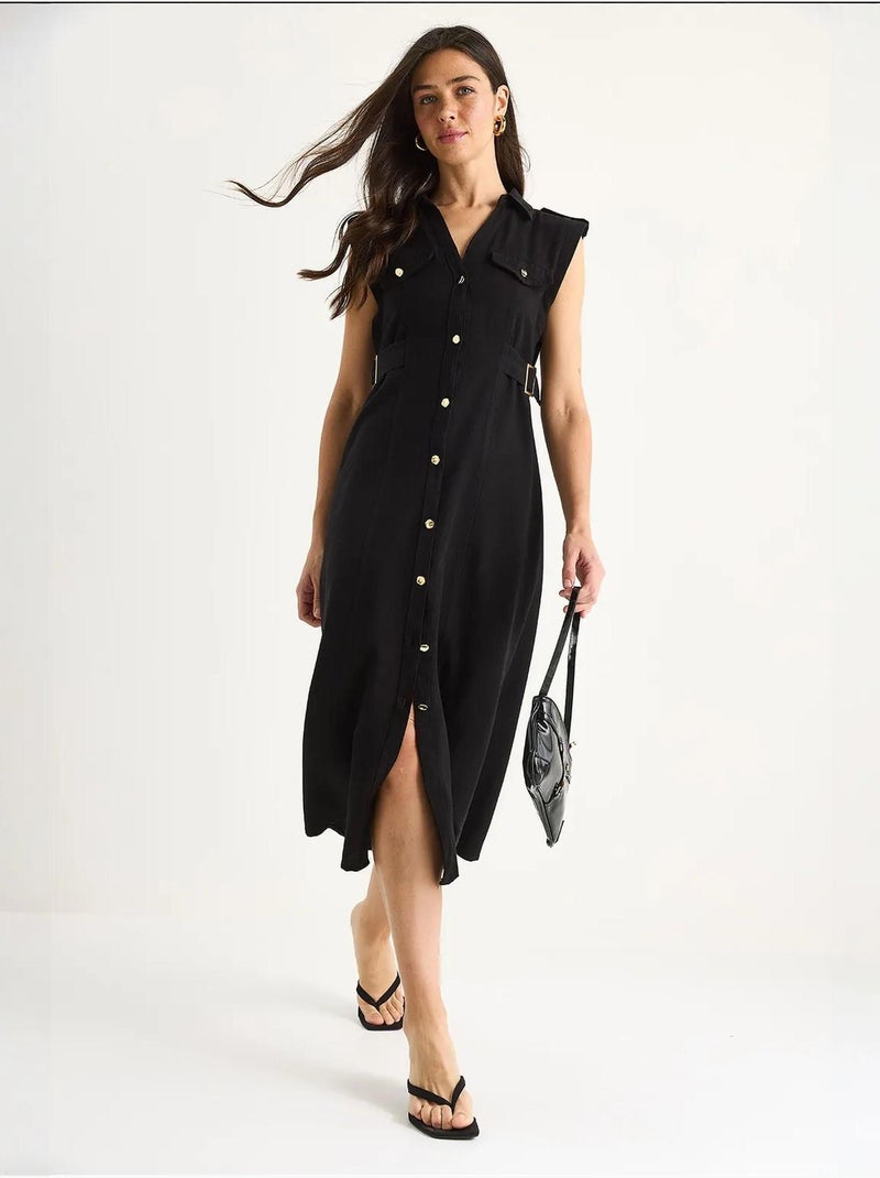 Robe en lin bianco avec boutons dorés et détails à la taille lucci Noir - Kiabi