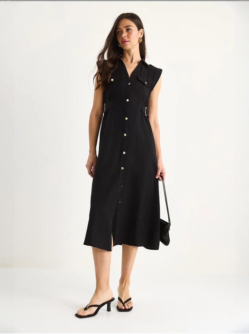 Robe en lin bianco avec boutons dorés et détails à la taille lucci Noir - Kiabi