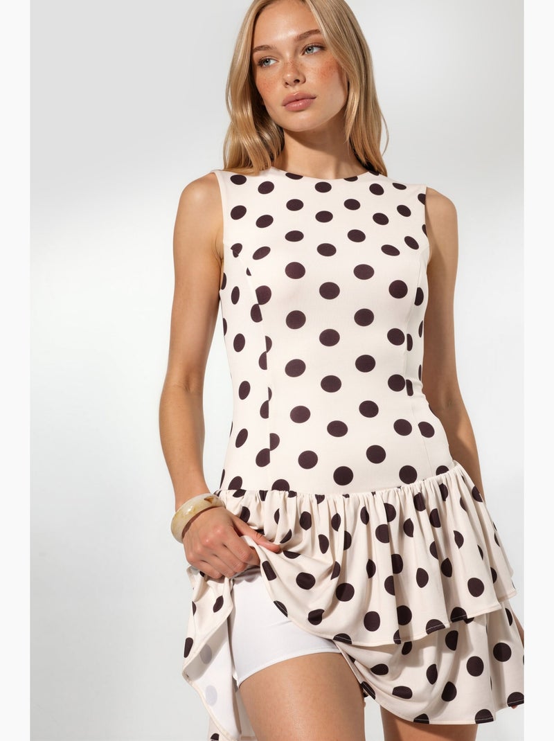 Robe en maille à pois sans manches à volants avec short intérieur hiccup Crème - Kiabi