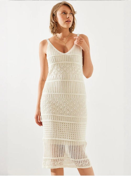 Robe en maille ajourée doublée à fines bretelles bianco lucci - Kiabi